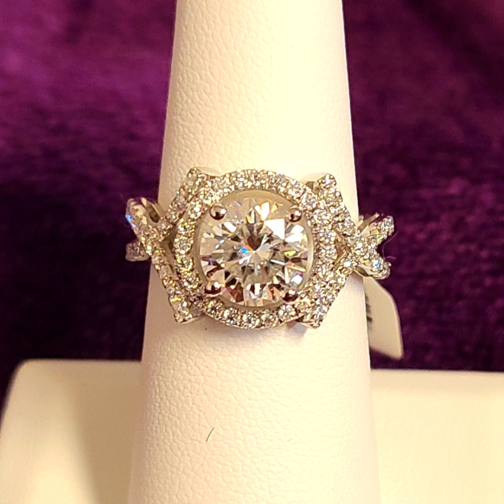 Crossover Design Solitaire Ring White Moissanite 2.50ctw Platineve, Size 7